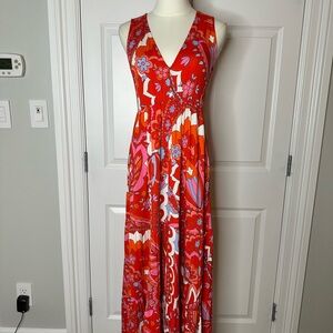 Boden Sylvia Flame Scarlet Paisley Jersey Sleeveless Tier Maxi Dress Size 4